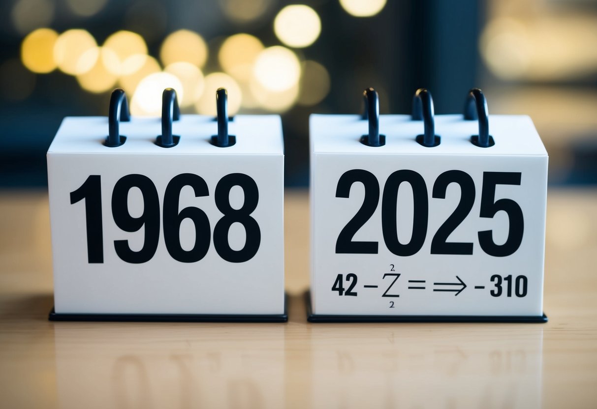 Um calendário mostrando os anos de 1968 e 2025 com uma equação matemática clara e simples escrita ao lado.