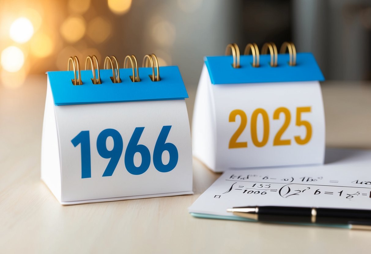 Um calendário mostrando o ano de 1966 e o ano de 2025, com uma equação matemática escrita ao lado.