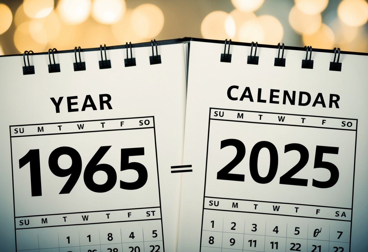 Uma página de calendário vintage mostrando o ano de 1965 e uma página de calendário moderna mostrando o ano de 2025, com uma equação matemática escrita entre elas.