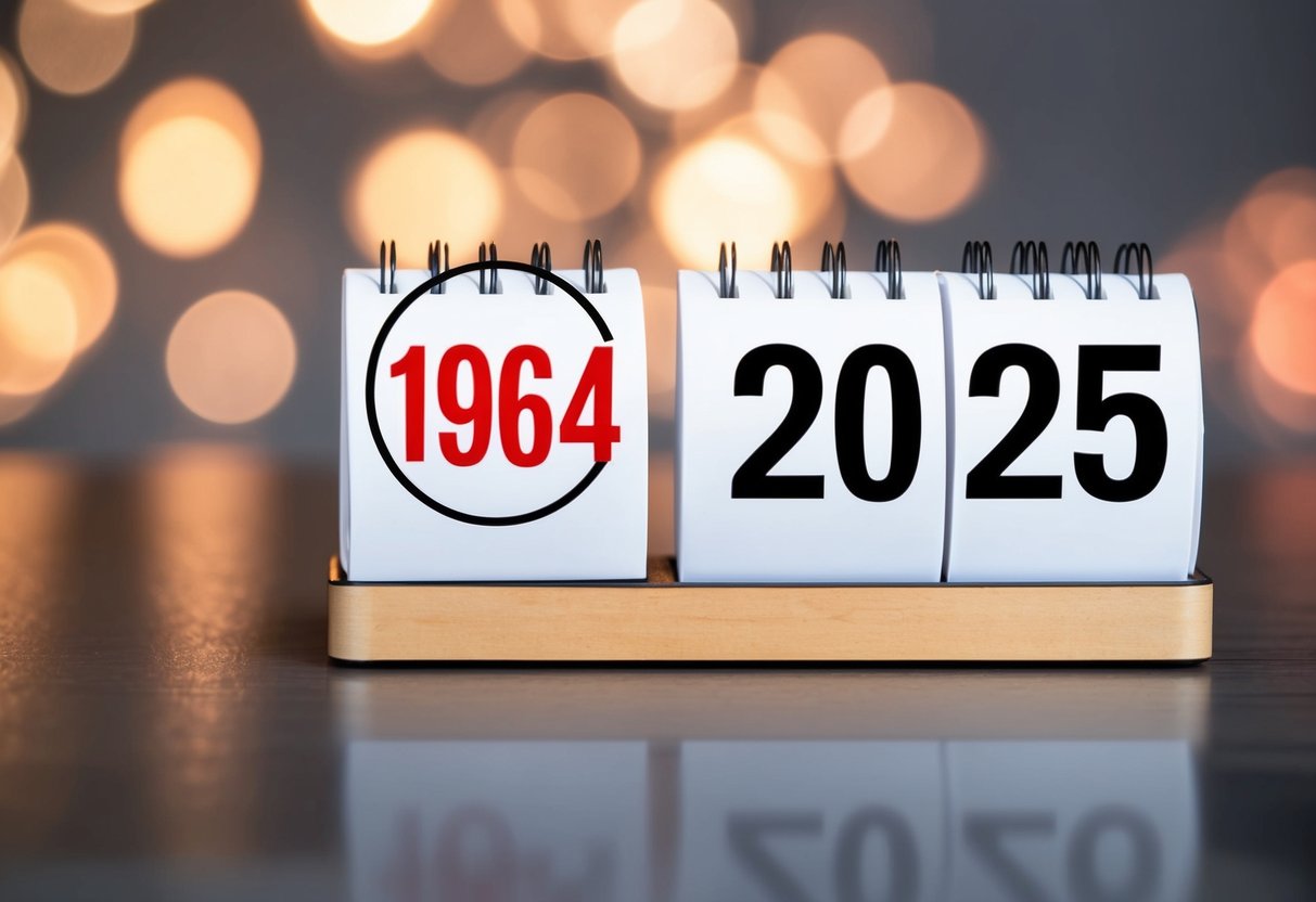 Um calendário com o ano de 1964 circunscrito e o ano de 2025 destacado