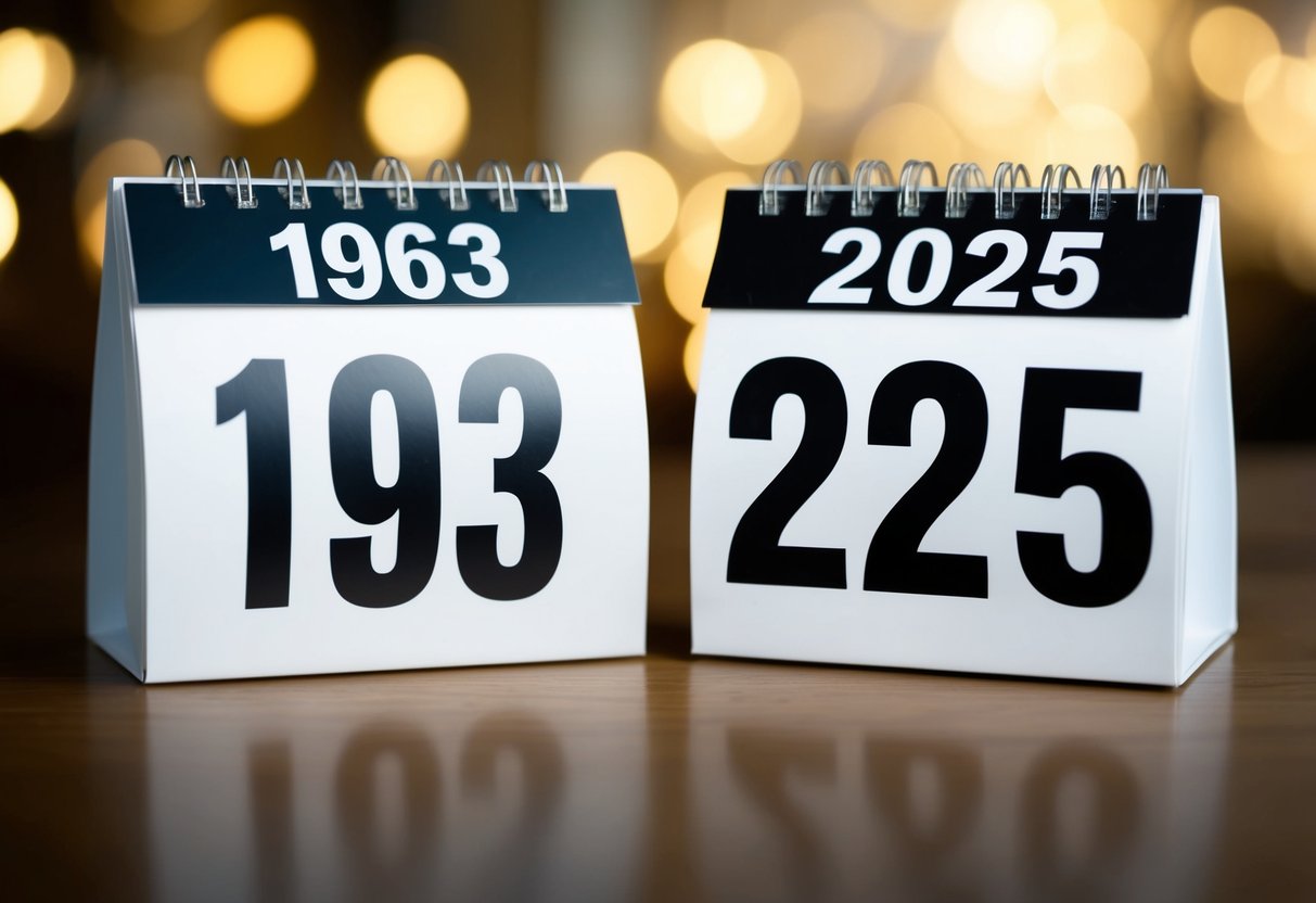 Um calendário mostrando os anos de 1963 e 2025 com uma representação visual clara da passagem do tempo