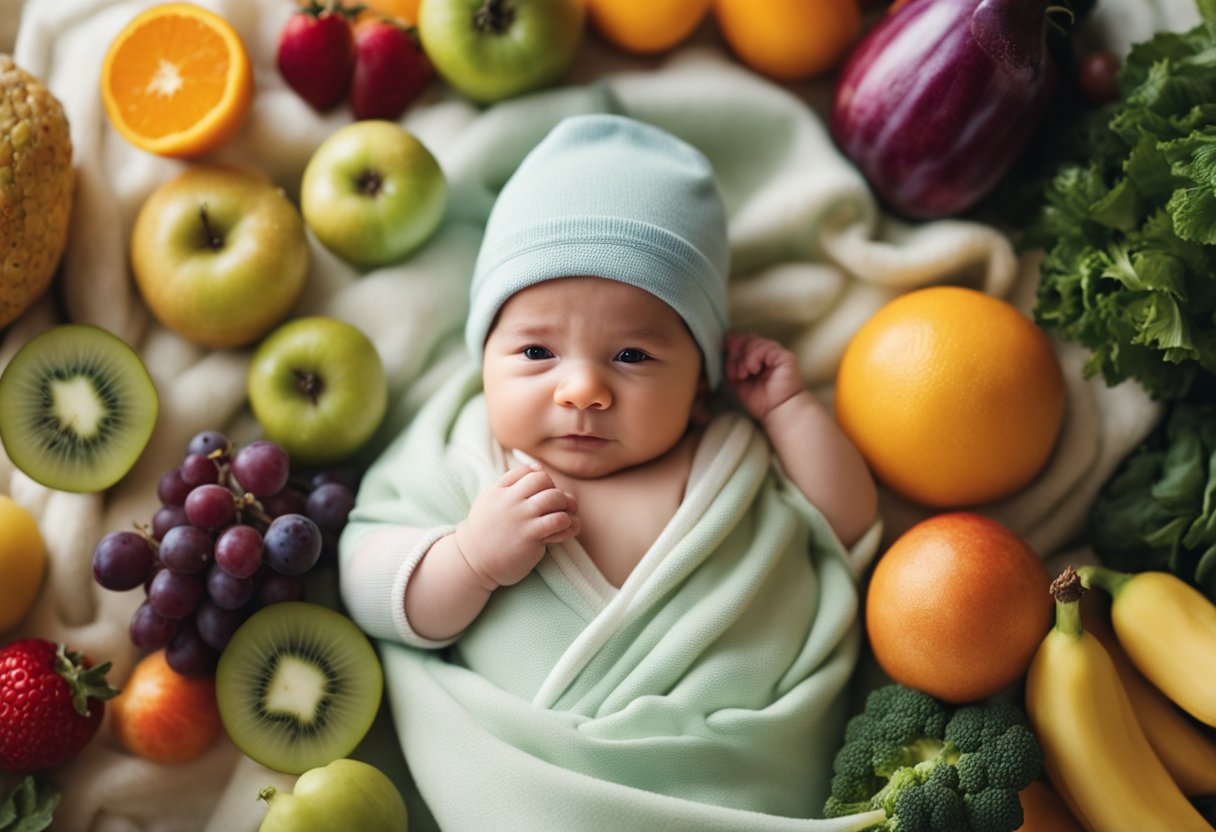 Un bebé de 1 mes acostado sobre una manta suave rodeado de frutas y verduras coloridas y saludables, con una botella de leche cerca.
