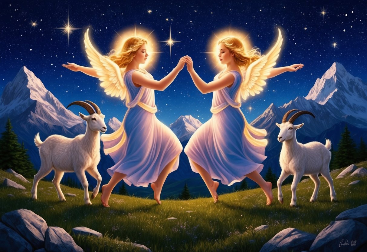 A pair of celestial twins dances among mountain goats in a starry night sky