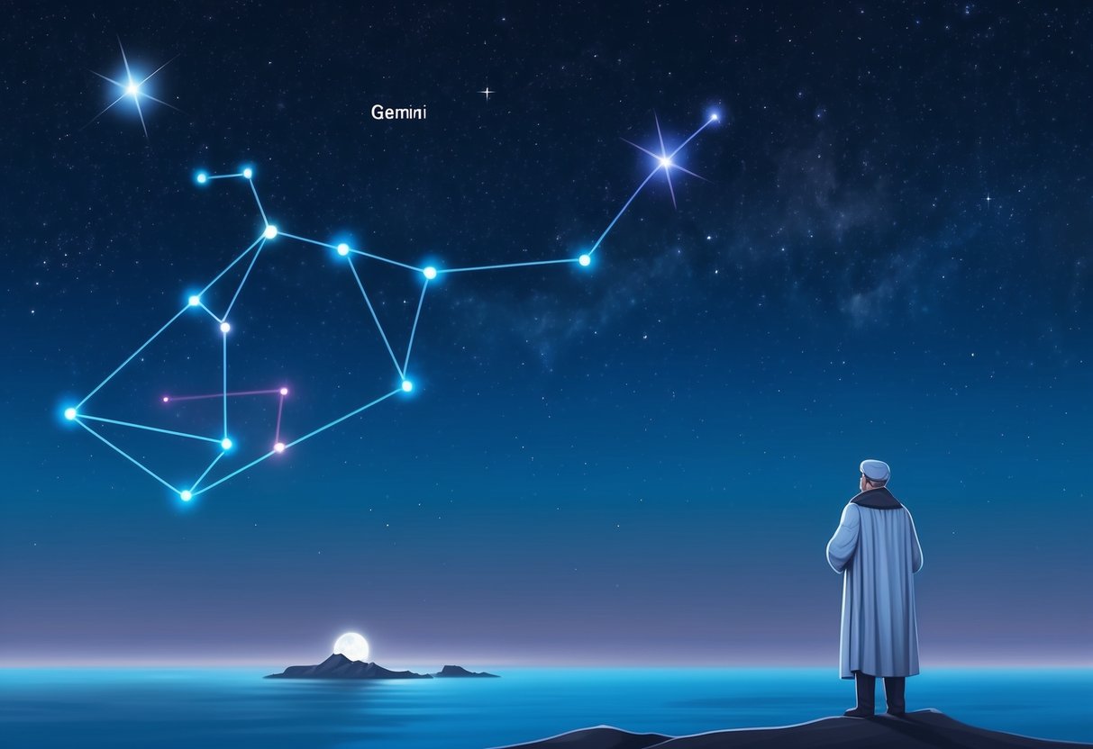 A serene night sky with the Gemini constellation shining brightly, while the Capricorn constellation stands stoically on the horizon