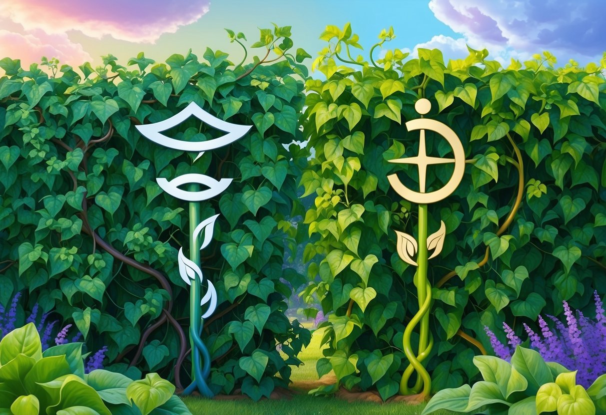 A pair of intertwined vines, one bearing the symbol of Gemini and the other bearing the symbol of Capricorn, growing together in a lush, vibrant garden