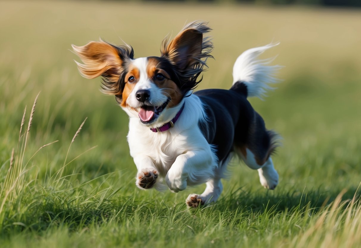 A Petit Basset Griffon Vendéen dog running through a grassy field, ears flapping in the wind, with a joyful expression on its face