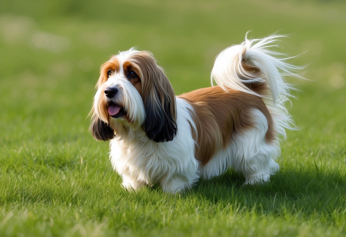 A Petit Basset Griffon Vendéen dog stands alert in a grassy field, with its long, shaggy coat blowing in the wind