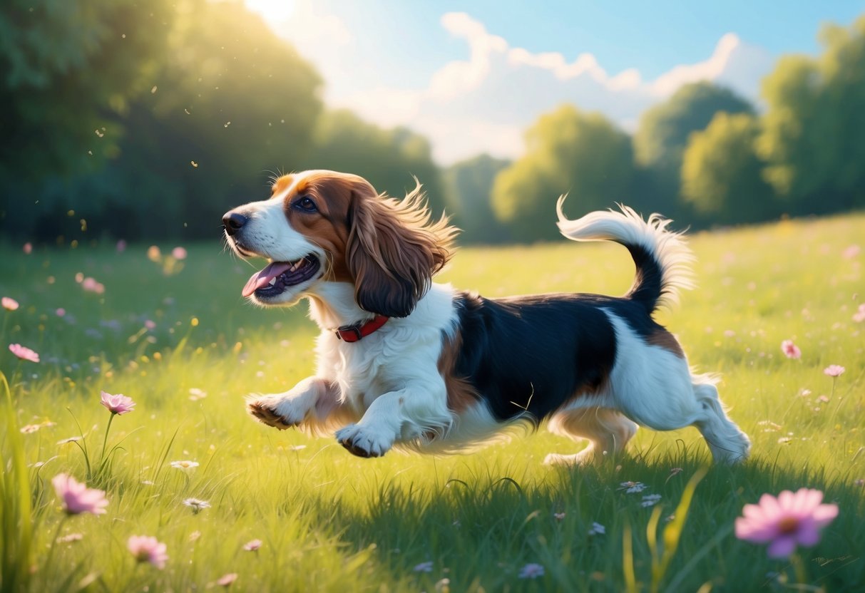 A Petit Basset Griffon Vendéen dog frolics in a sun-dappled meadow, its tail wagging with playful exuberance