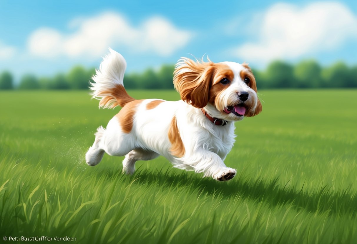 A Petit Basset Griffon Vendéen dog running through a lush green field, with a bright blue sky and a gentle breeze