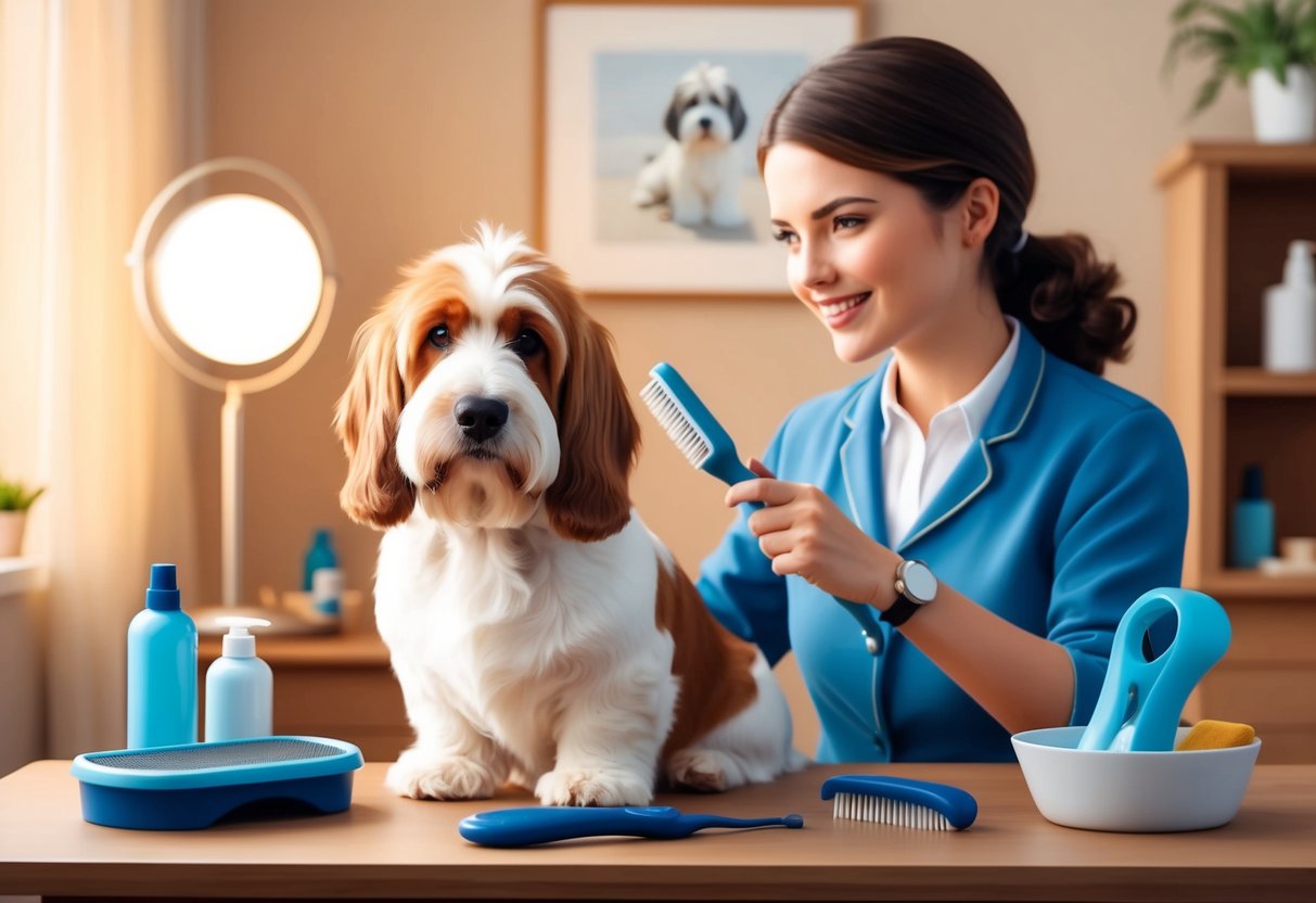 A Petit Basset Griffon Vendéen dog being groomed and brushed by its owner in a cozy, well-lit room with grooming tools and supplies nearby