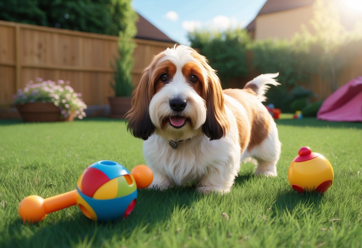 A Petit Basset Griffon Vendéen dog playing with toys in a sunny backyard