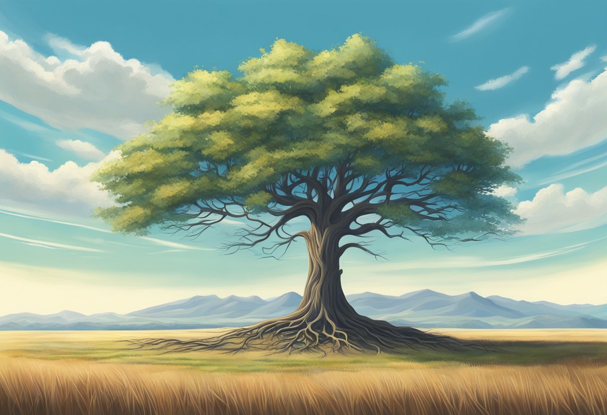 A lone tree standing tall in a vast, open field under a clear blue sky, its roots reaching deep into the earth