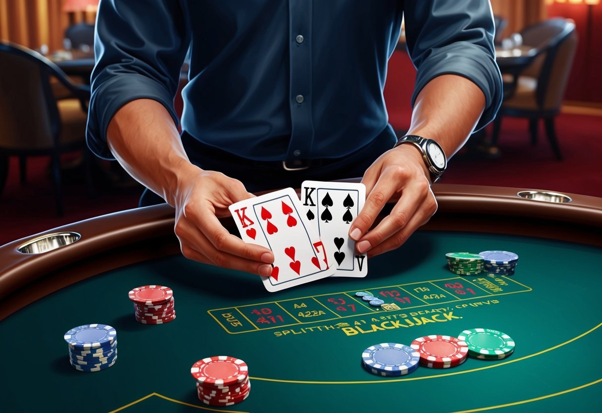 A blackjack player splitting pairs with chips on the table