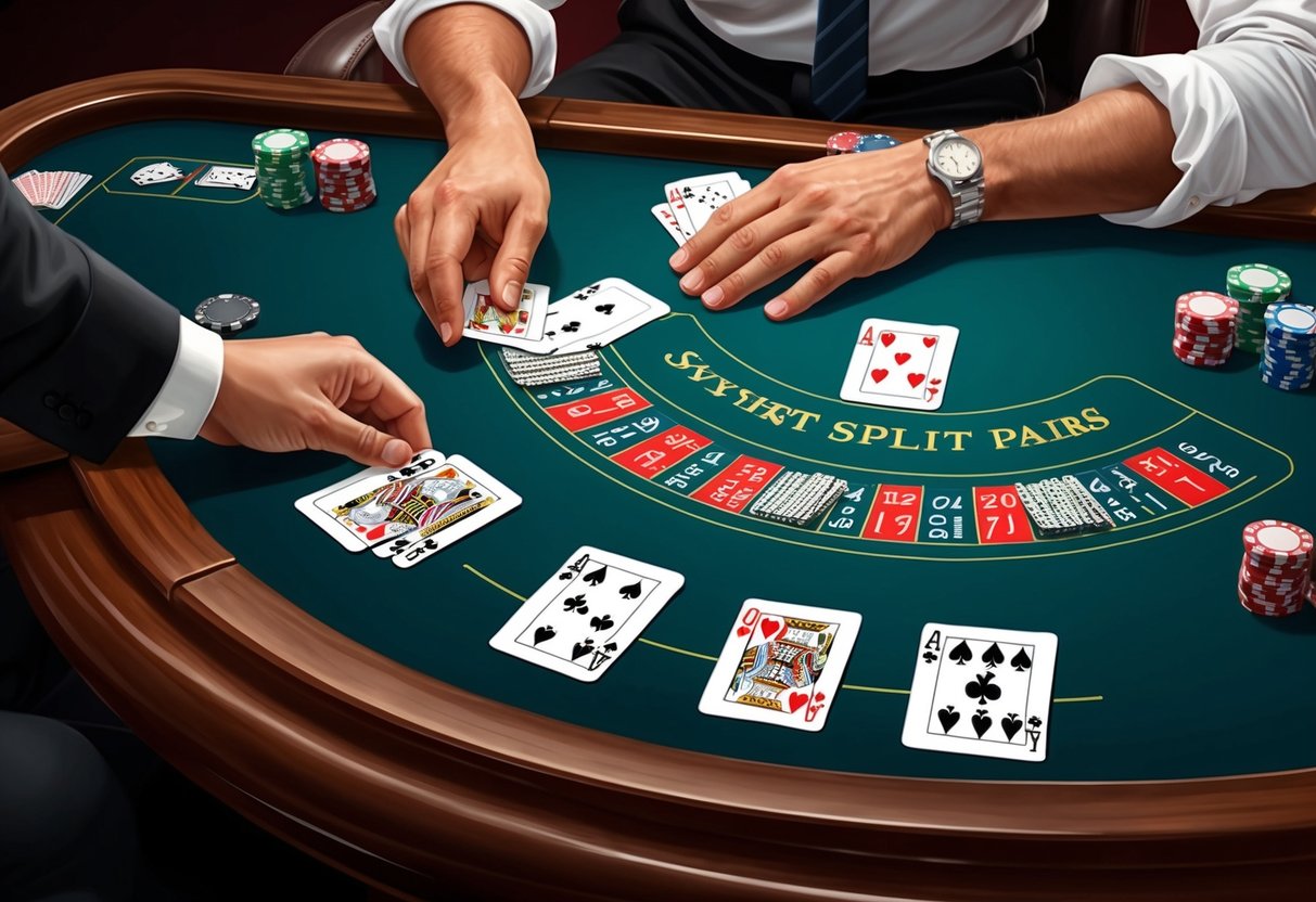 A blackjack table with cards dealt and a player deciding whether to split pairs