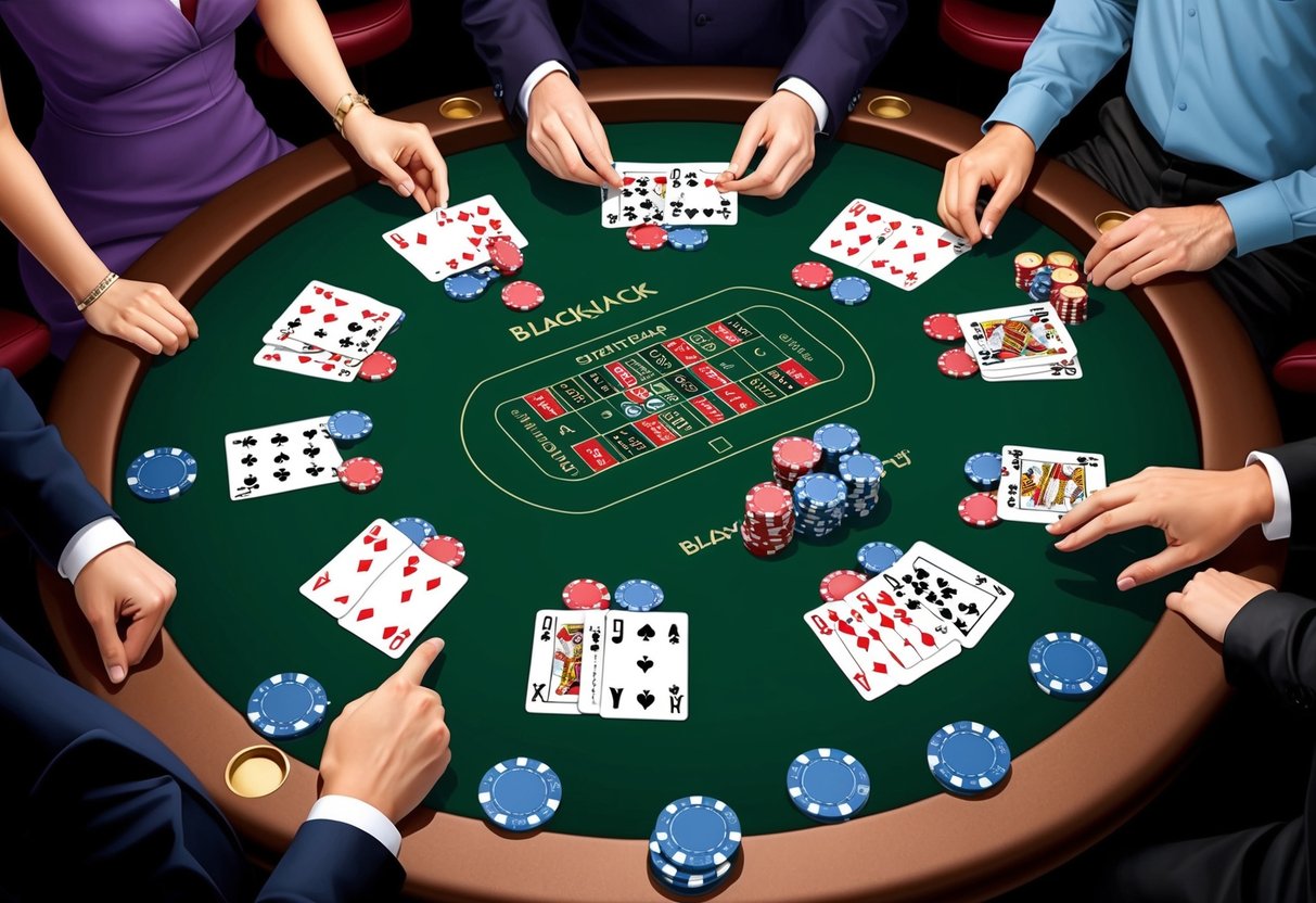 A blackjack table with cards being dealt, chips being placed, and players formulating their next strategy.