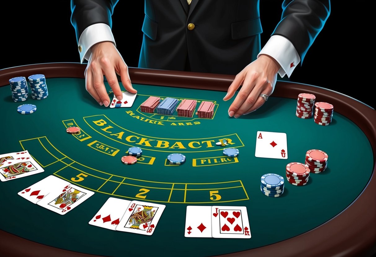 A blackjack table with cards split into pairs, chips placed for bets and a dealer managing the game