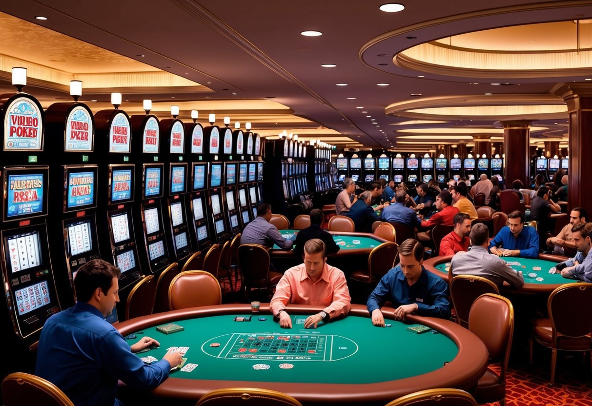 A crowded casino with rows of video poker machines next to traditional poker tables, players focused on their games.