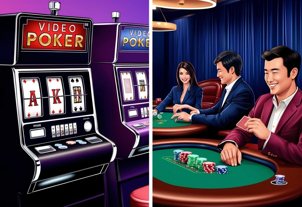 A video poker machine and a traditional poker table side by side, with players enjoying both games.