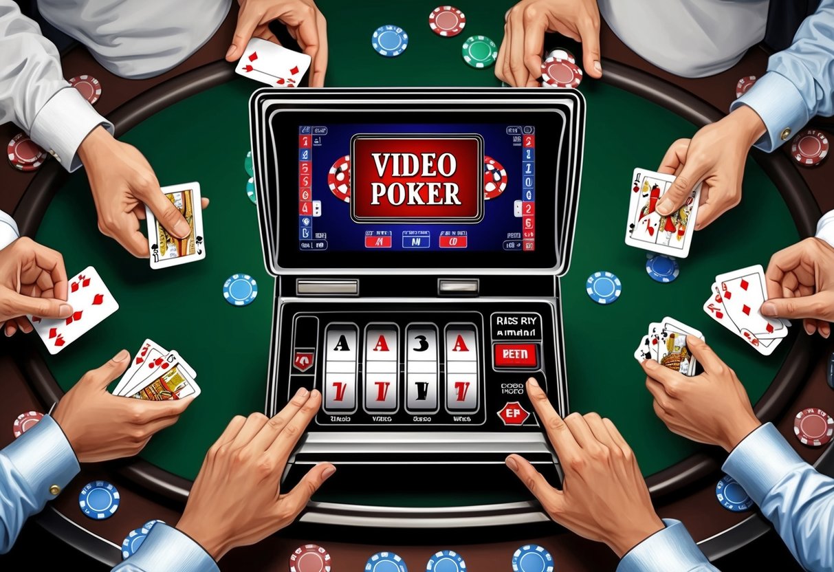 A video poker machine surrounded by traditional poker cards and chips, with players making strategic decisions.