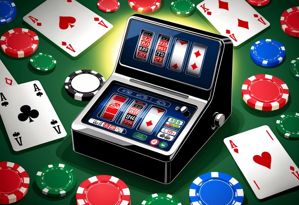 A video poker machine surrounded by traditional poker cards and chips, with a spotlight highlighting the machine