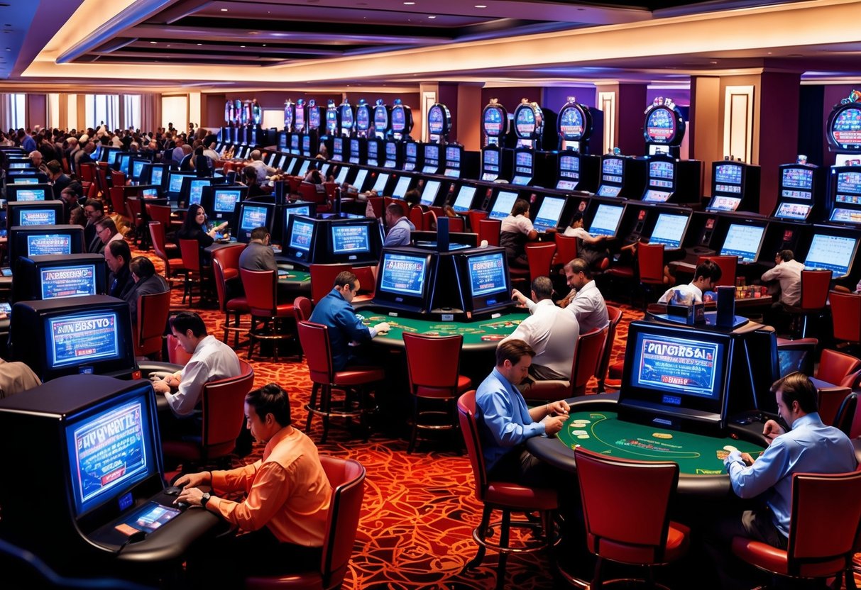 A crowded casino floor with rows of video poker machines and traditional poker tables, players concentrating on their hands and screens.