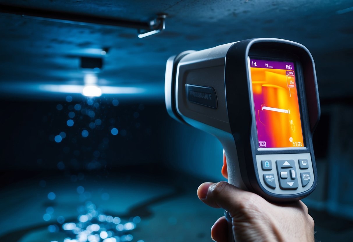 A thermal imaging camera detecting water leaks in a dark, damp basement