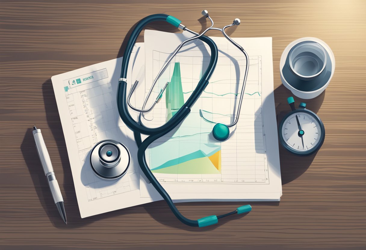 A stethoscope and medical chart on a desk, with a doctor's coat hanging on a chair