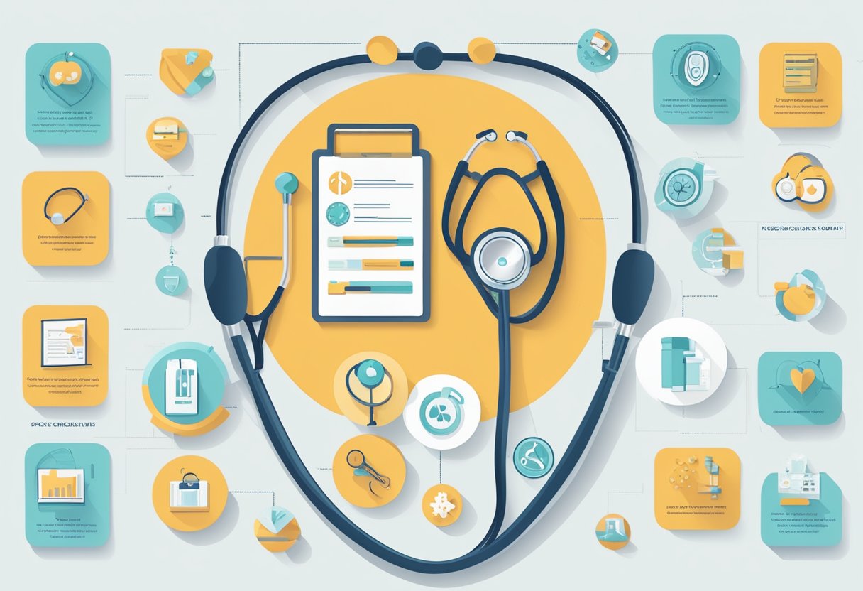 A stethoscope and a medical chart with various conditions listed, surrounded by icons representing enhanced benefits and programs