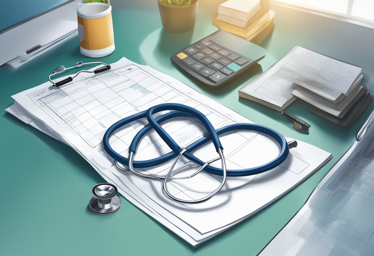 A stethoscope and medical chart on a desk, with a doctor's coat hanging on a chair