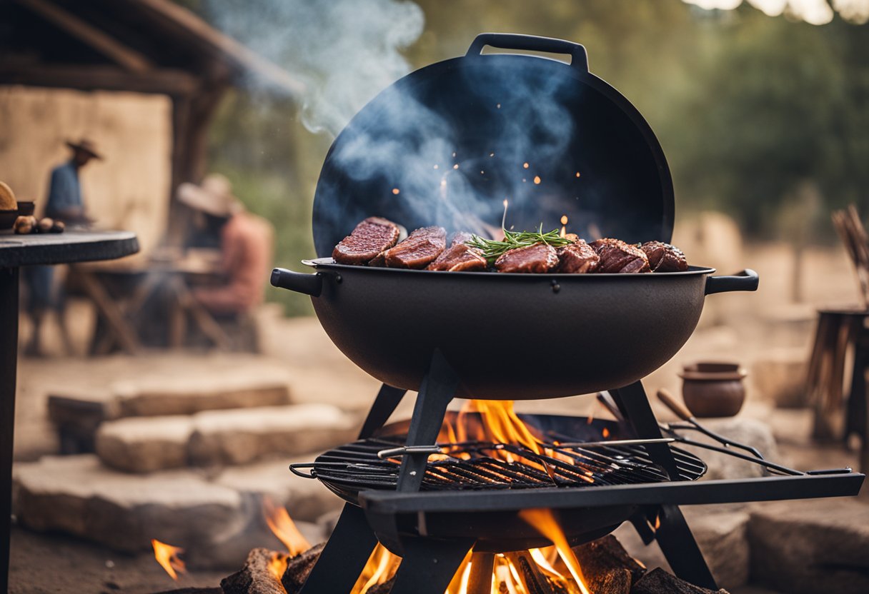 Um churrasco gaúcho tradicional com uma variedade de carnes assando sobre uma chama aberta, cercado por um ambiente rústico ao ar livre