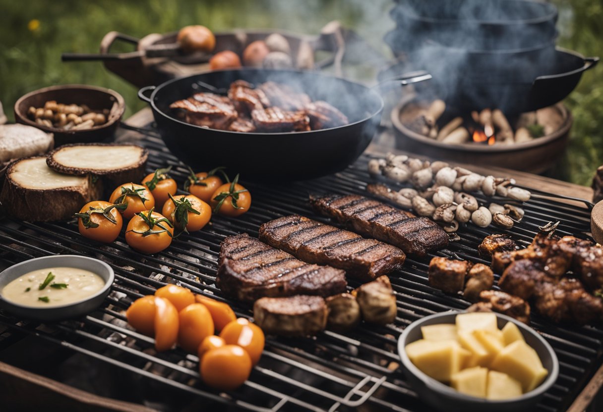 Um ambiente rústico ao ar livre com uma churrasqueira tradicional, cercado por ingredientes e ferramentas para preparar um autêntico churrasco gaúcho. A fumaça sobe da carne crepitante enquanto cozinha sobre a chama aberta.