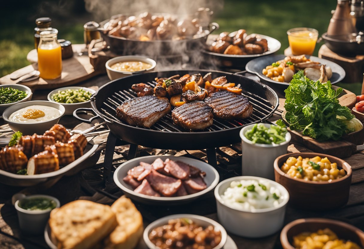 Uma churrasqueira rústica ao ar livre chiando com carnes variadas, cercada por acompanhamentos e condimentos tradicionais, evocando a essência de um autêntico churrasco gaúcho.