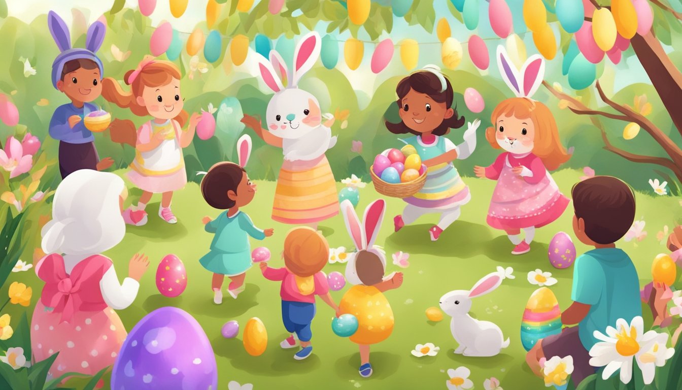 A colorful spring festival with eggs, bunnies, and festive decorations. Children are participating in egg hunts, face painting, and other Easter-themed activities