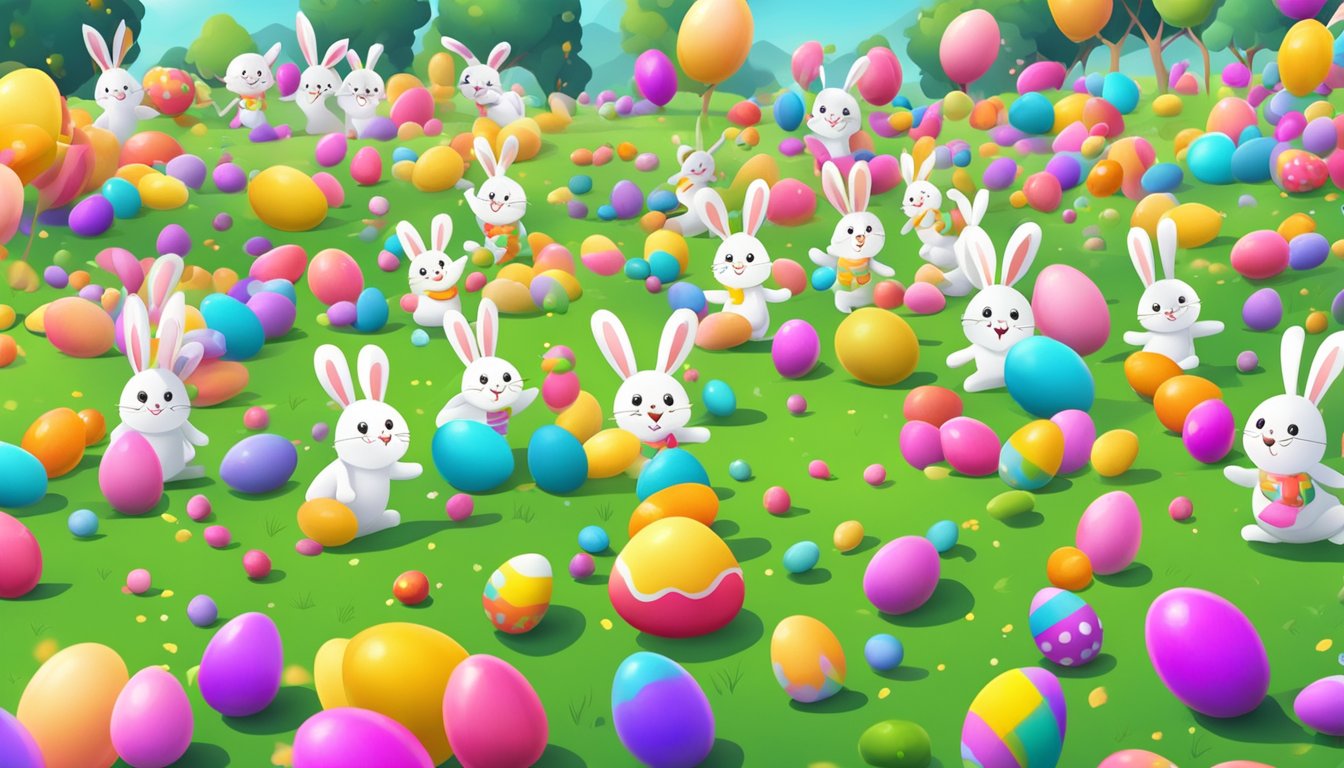 A colorful field with festive decorations and scattered Easter eggs, surrounded by excited participants in bunny costumes