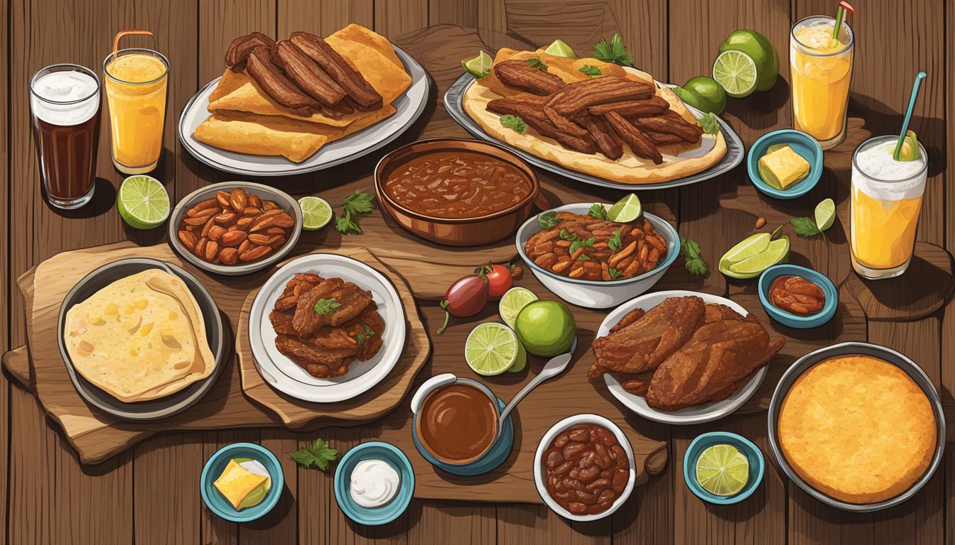 A Texan feast spread out on a rustic wooden table, featuring iconic dishes and drinks such as chili con carne, barbecue ribs, pecan pie, and margaritas