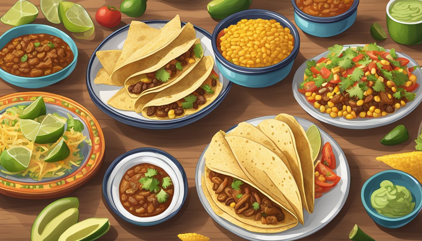 A table with a spread of Tex-Mex and traditional Mexican food, featuring hard taco shells and soft corn tortillas