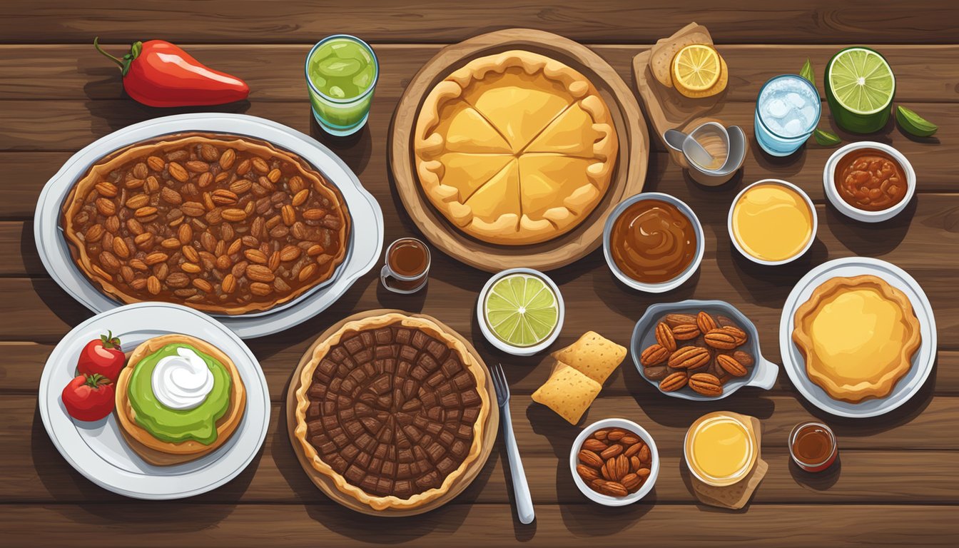 A colorful spread of iconic Texas food and drink items, including barbecue, chili, pecan pie, margaritas, and kolaches, arranged on a rustic wooden table