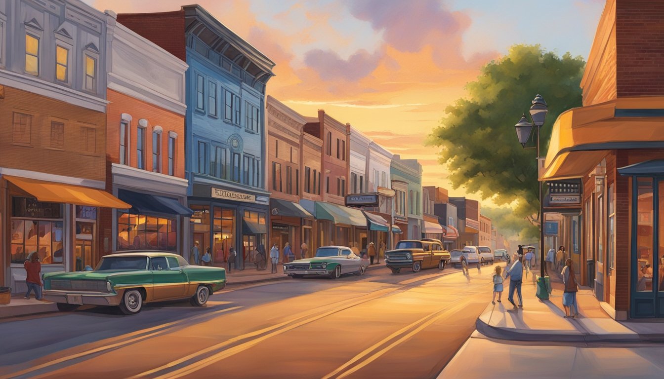 A bustling main street in Nacogdoches, Texas, lined with historic buildings, colorful storefronts, and vibrant street art. The sun sets, casting a warm glow over the lively scene