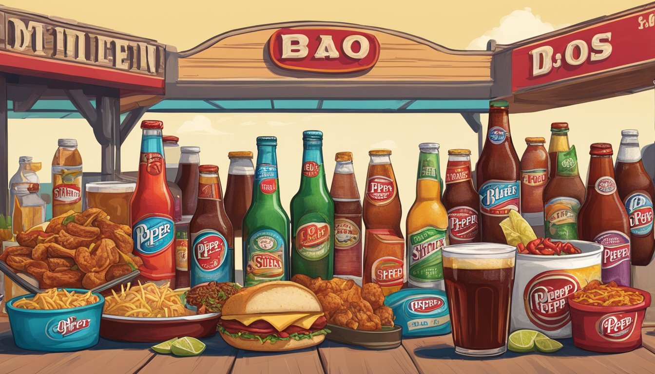 A colorful Texan food market with iconic drinks like Dr Pepper, Big Red, and Shiner Bock alongside BBQ, tacos, and chili