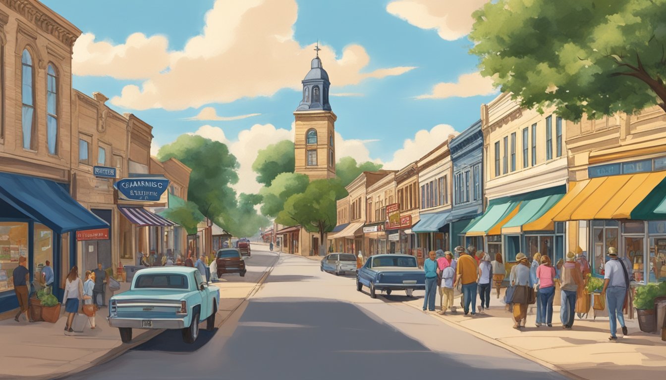 A bustling main street in Granbury, Texas, lined with historic buildings, colorful storefronts, and bustling with activity