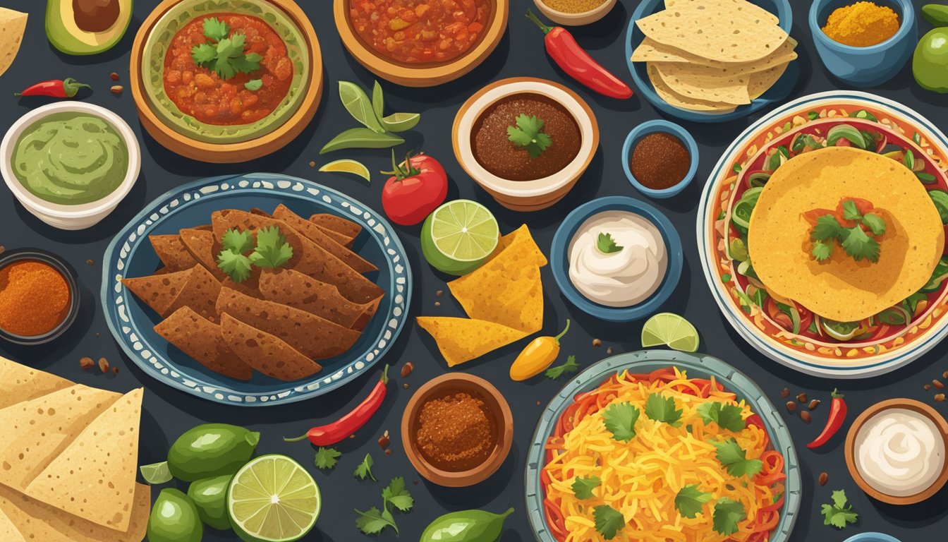 A colorful spread of Tex-Mex and traditional Mexican dishes, showcasing the differences in spice levels, ingredients, and flavors