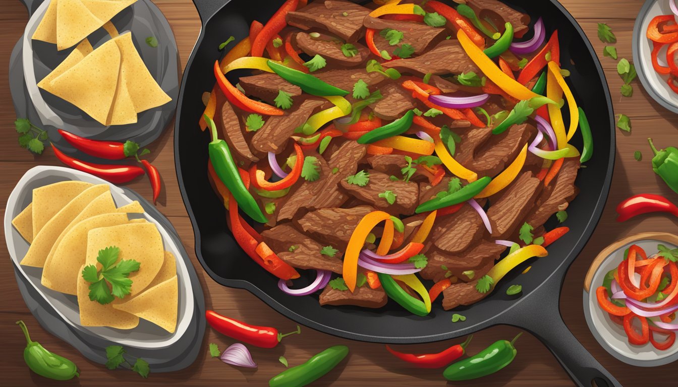 A sizzling skillet of Tex-Mex fajitas with vibrant red and green bell peppers, onions, and sizzling strips of marinated beef, all seasoned with a sprinkle of cumin