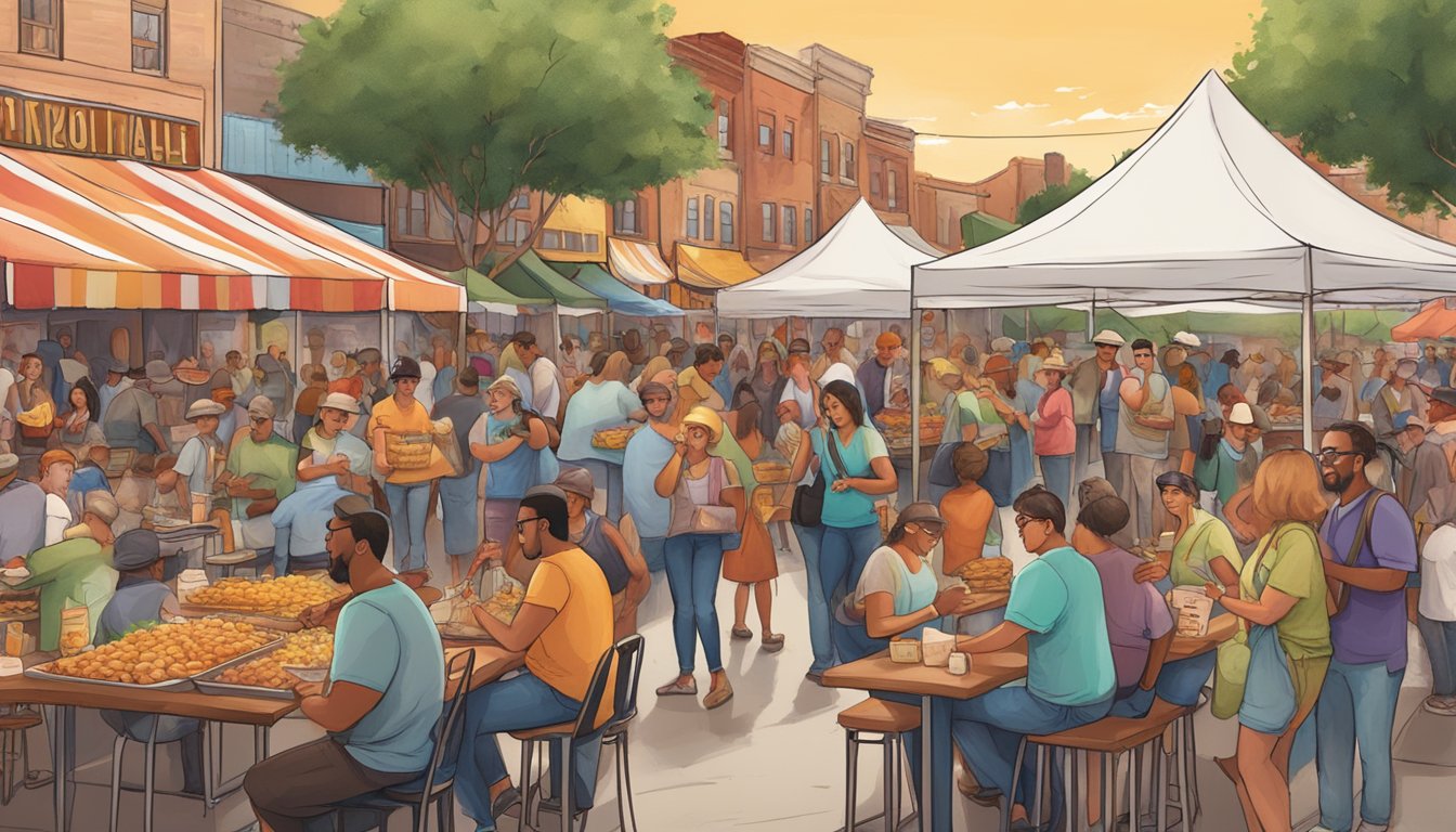 A bustling Texan food festival in Cheeselandia with vendors, food samples, and lively entertainment