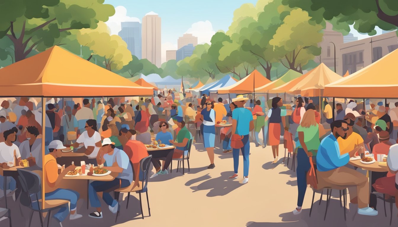 A bustling Texan food festival with colorful booths and lively music. People sample crawfish dishes and enjoy the festive atmosphere