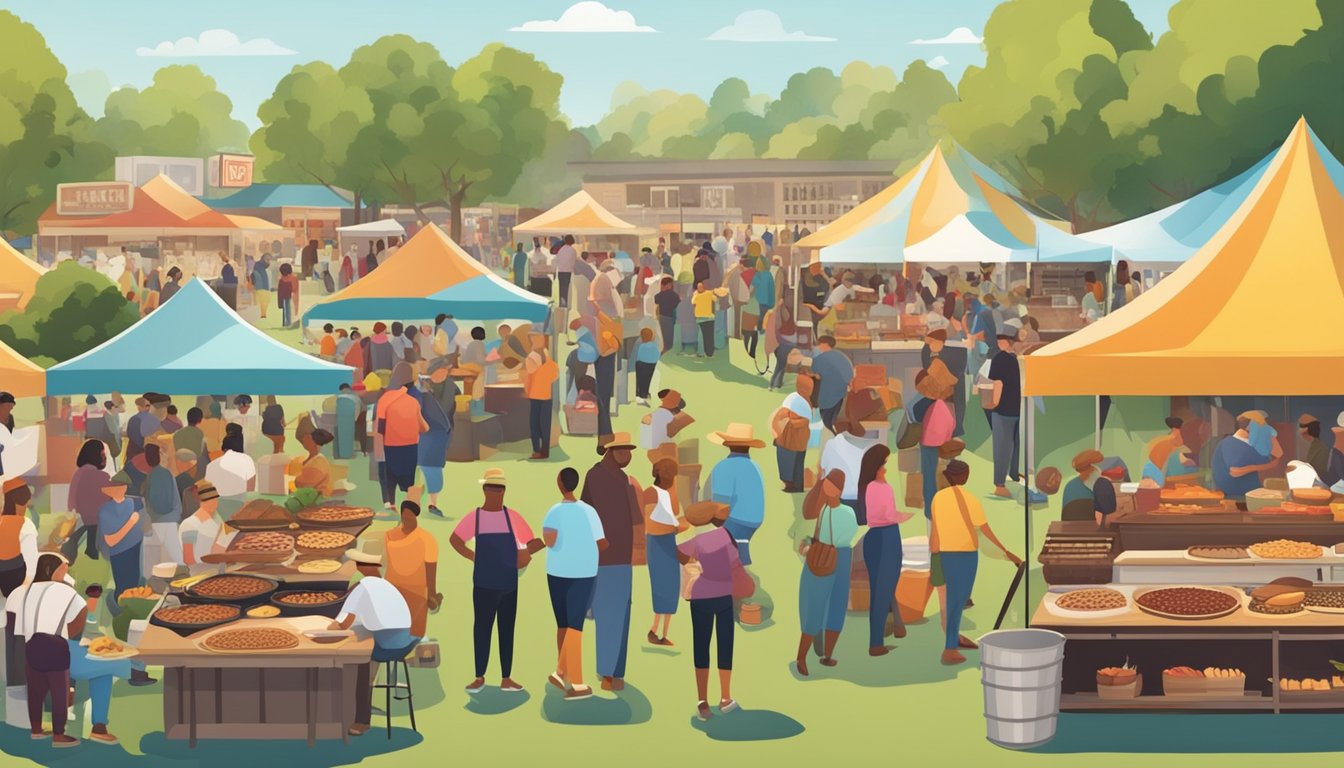 A bustling outdoor food festival with vendors selling BBQ, chili, Tex-Mex, and pecan pie. Crowds gather around live music and cooking demonstrations