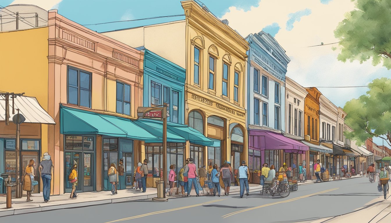 A bustling main street in San Marcos, Texas, lined with colorful storefronts and bustling with activity