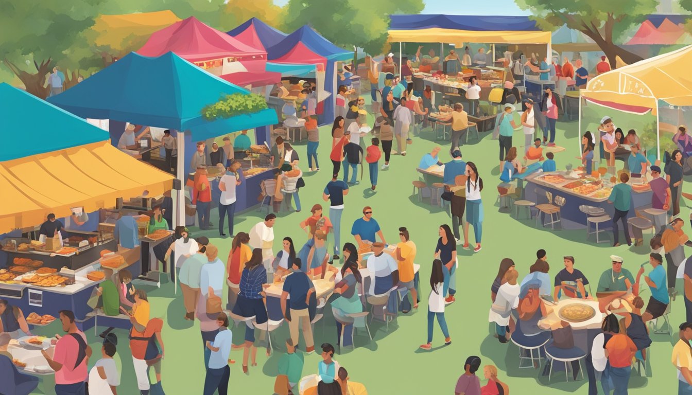 A bustling Texan food festival with colorful booths, live music, and a variety of mouth-watering dishes being served to eager festival-goers