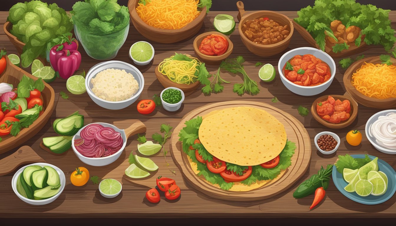 A rustic farm with a variety of fresh ingredients, including vegetables and meats, laid out on a wooden table for making tacos