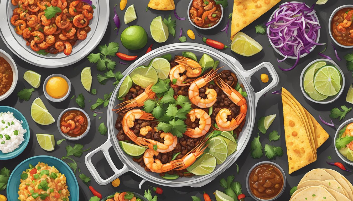 A sizzling skillet of chipotle shrimp surrounded by colorful taco fixings and garnishes