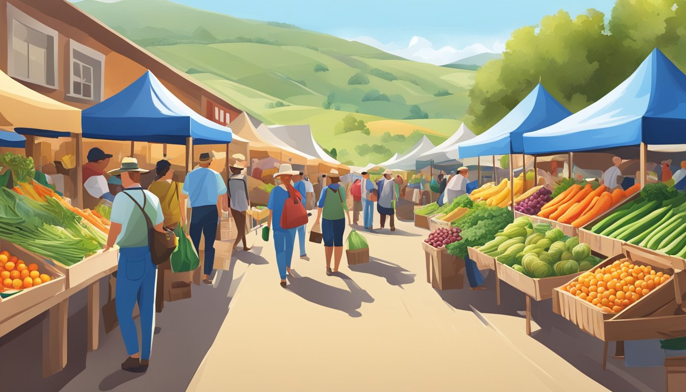 A bustling farmer's market with colorful stalls selling fresh produce, surrounded by rolling hills and a bright blue sky